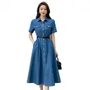 Women Blue Denim Shirt Dress with Belt – Midi Casual Dress