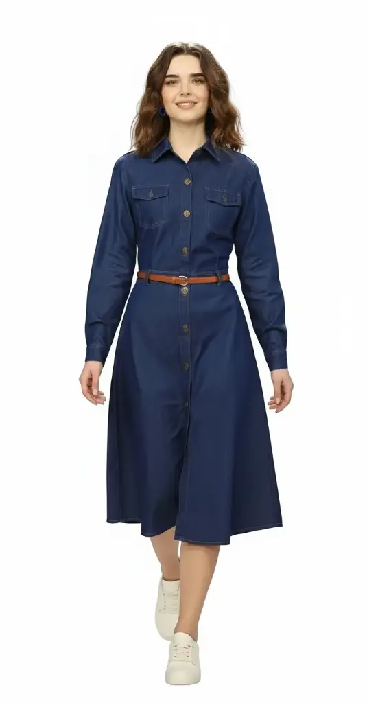 Women Dark Blue Denim Brown Belt Dress – Full Sleeve