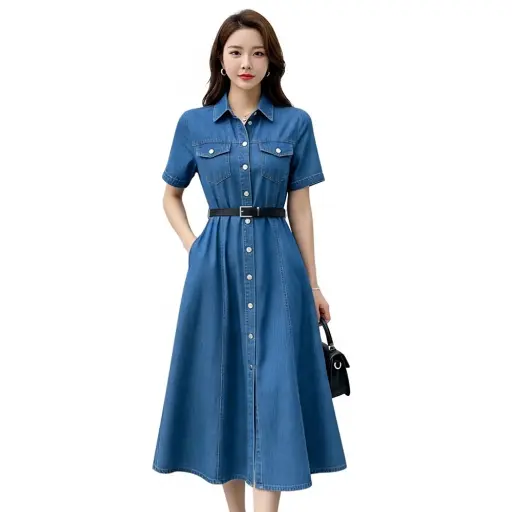 Women Blue Denim Shirt Dress with Belt – Midi Casual Dress