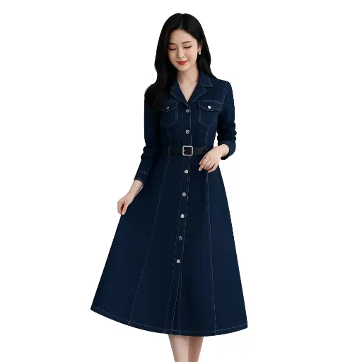 Women Dark Blue Denim Belt Dress – Full Sleeve Midi