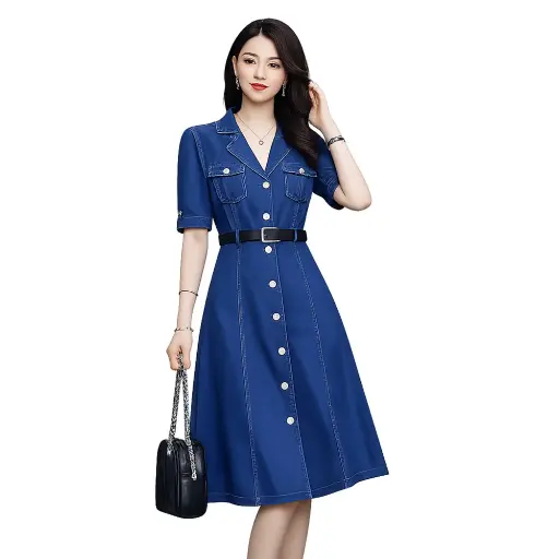 Women Blue Denim Belt Dress – Half Sleeve Midi