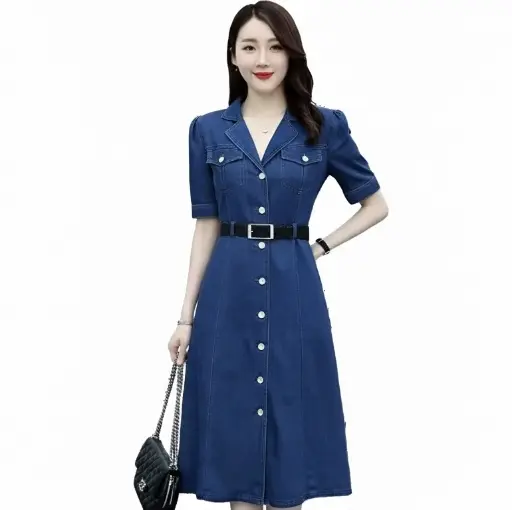 Women Classic Blue Denim Belt Dress – Midi